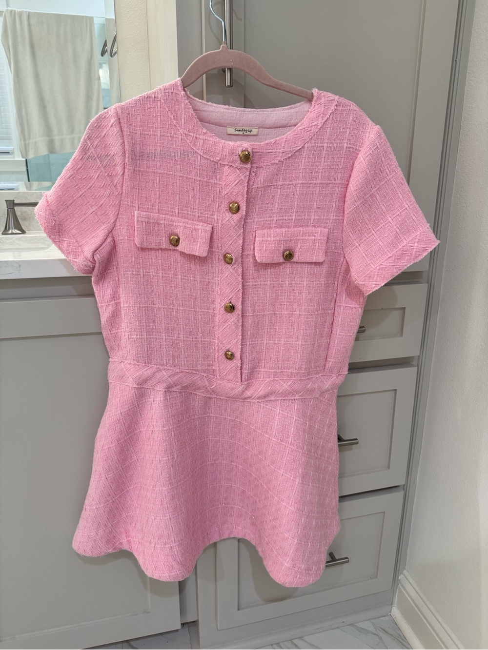 Pink Short-Sleeve Tweed Dress with Button Front